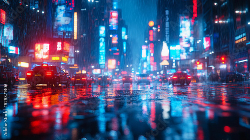 Cars navigate through the rain-soaked streets of Times Square, illuminated by colorful neon lights at night