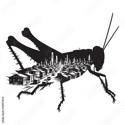 silhouette of Grasshopper flying, filled with ghetto street in rough drawing, animal,