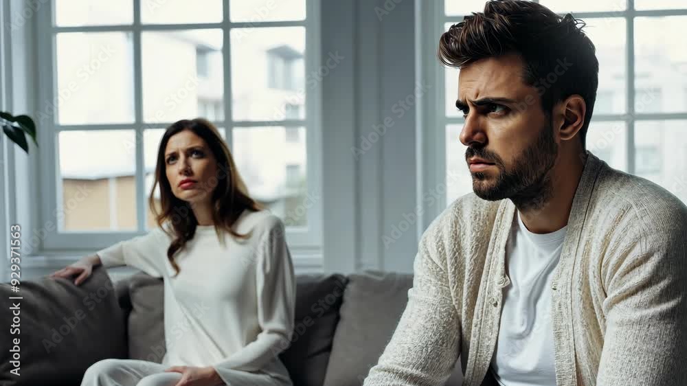 A couple sits in silence, their expressions revealing deep emotions as they navigate a difficult conversation within their cozy space A couple sits in silence, their expressions revealing deep emotions as they navigate a difficult conversation within their cozy space