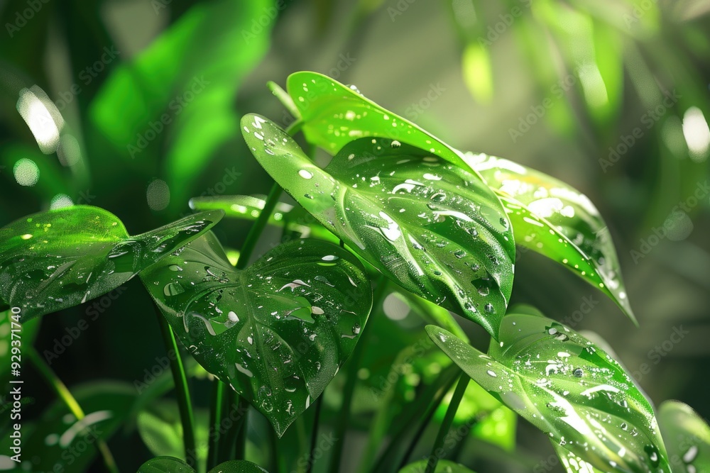 Close-up shot of a plant with water droplets glistening on its leaves Close-up shot of a plant with water droplets glistening on its leaves