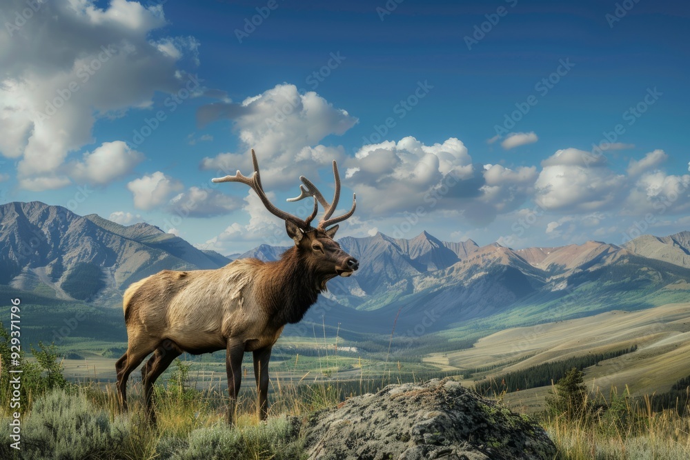 Fototapeta premium Majestic Elk in Mountain Landscape. Stunning scenery with elk in foreground and mountains in background. AI-generated nature photography showcasing wildlife in natural habitat. Vivid colors