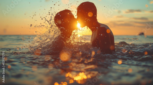 Romantic gay couple shares romantic kiss while swimming in ocean at sunset