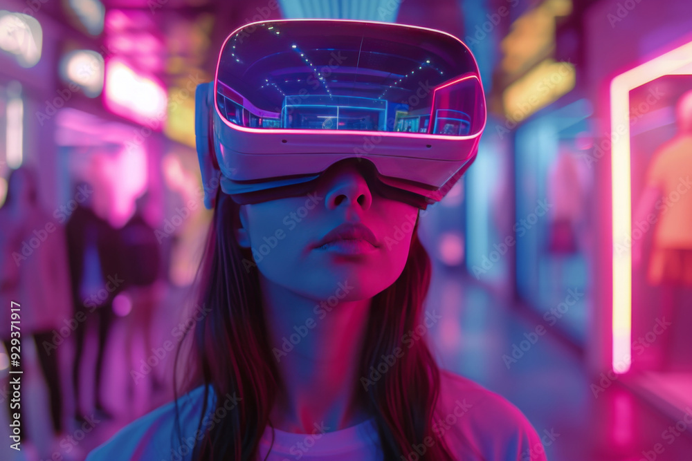 Woman experiences virtual reality using a VR headset, immersed in vibrant, neon lit environment Woman experiences virtual reality using a VR headset, immersed in vibrant, neon lit environment
