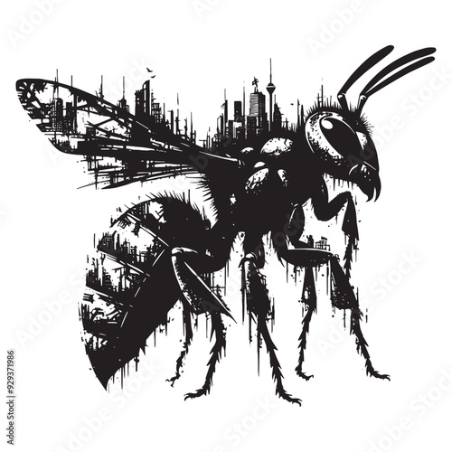silhouette of hornet, filled with destroyed futuristic dystopia environment in rough drawing, animal,