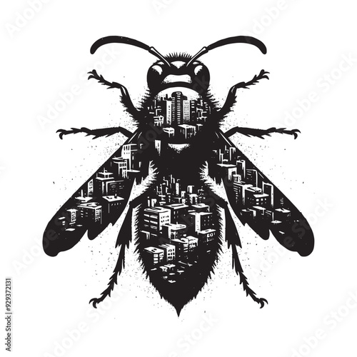 silhouette of hornet, filled with ghetto street in rough drawing, animal,