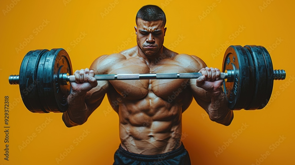 A muscular man is lifting a barbell in a studio setting, showcasing his strength and dedication to fitness.