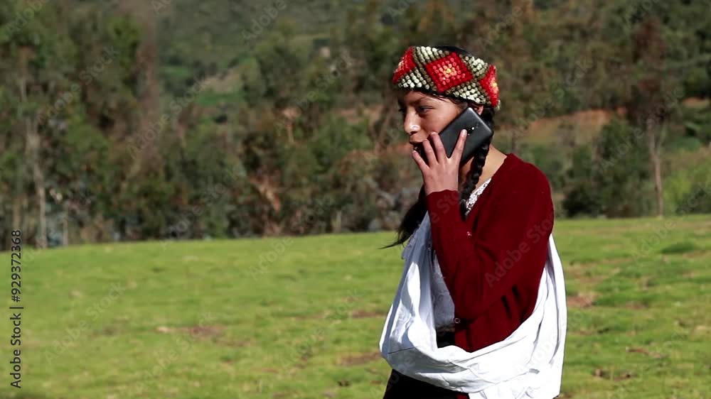 una feliz campesina caucásica hablando por teléfono inteligente puesta una chopa tejido a mano .campesina con ropa típica artesanía peruana a mano en un atardecer en los Andes peruanos. Campesina una feliz campesina caucásica hablando por teléfono inteligente puesta una chopa tejido a mano .campesina con ropa típica artesanía peruana a mano en un atardecer en los Andes peruanos. Campesina