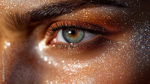 A striking close-up showcases an eye enhanced with glitter and unique makeup, highlighting intricate details and captivating colors