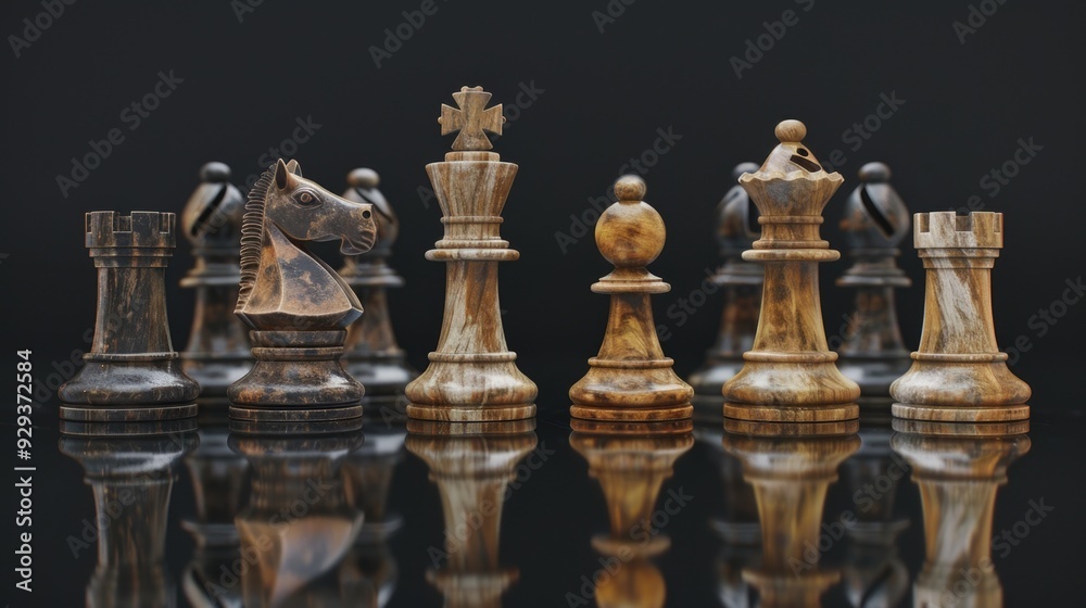 A group of chess pieces arranged on a table, ready for play or display
