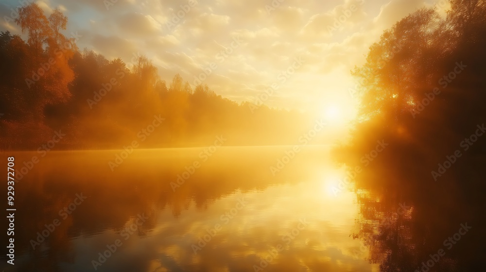 Golden sunrise reflected in a calm lake. Golden sunrise reflected in a calm lake.