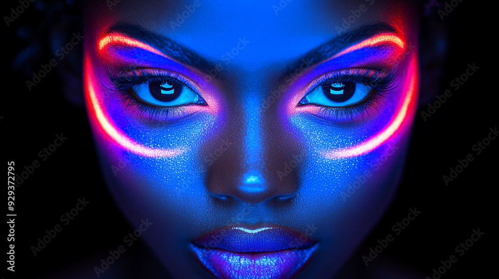 A woman showcases colorful neon face paint, illuminated against a dark background, highlighting her striking features A woman showcases colorful neon face paint, illuminated against a dark background, highlighting her striking features
