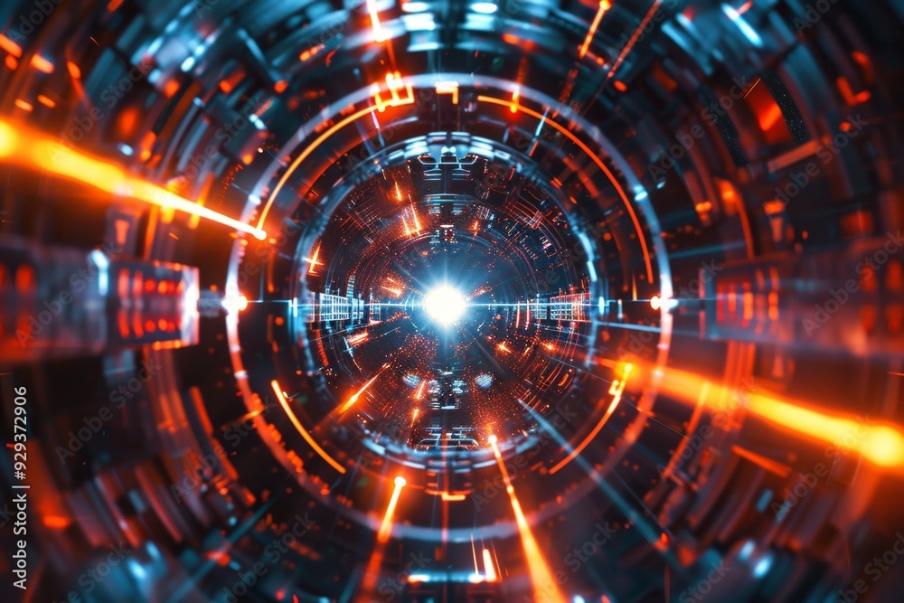 Futuristic digital tunnel glowing with vibrant lights in abstract style. Ideal for technology themes and innovative presentations. Conceptual image for modern tech visuals. Generative AI Futuristic digital tunnel glowing with vibrant lights in abstract style. Ideal for technology themes and innovative presentations. Conceptual image for modern tech visuals. Generative AI