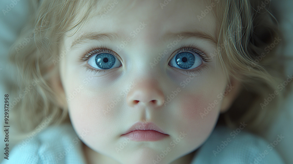 A curious child looks upwards with wide blue eyes, capturing a moment of innocence and curiosity in a cozy indoor setting A curious child looks upwards with wide blue eyes, capturing a moment of innocence and curiosity in a cozy indoor setting