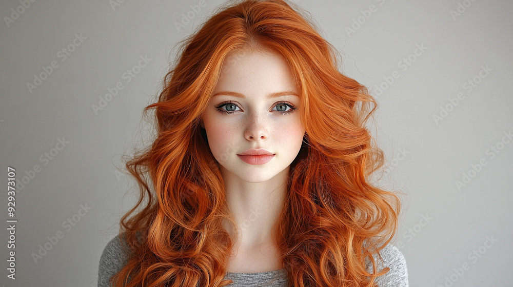 A woman with vibrant red curly hair and blue eyes gazes confidently, showcasing her natural beauty in a studio setting