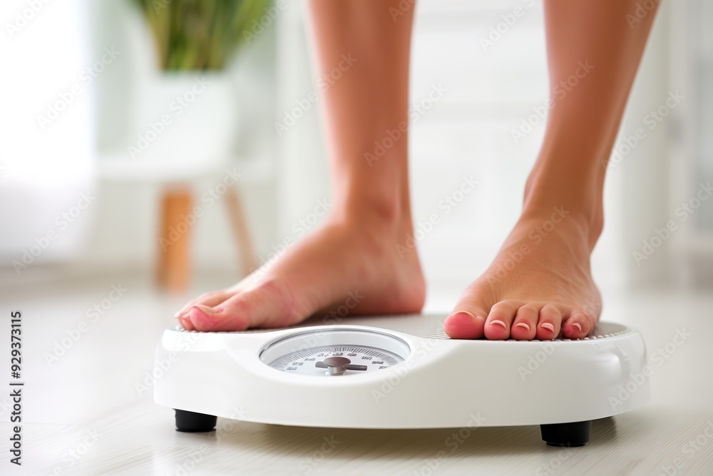 Fototapeta premium Woman's feet on an analog scale in a bright, minimalistic home setting, focusing on daily health tracking and wellness routines
