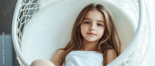 Young Girl with Long Brown Hair Sitting in a White Hanging Chair photo