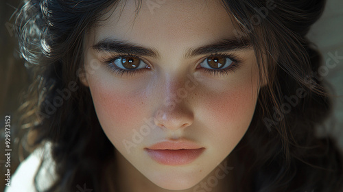 A young woman with long dark hair stares confidently, showcasing her striking features and expressive eyes in warm natural light