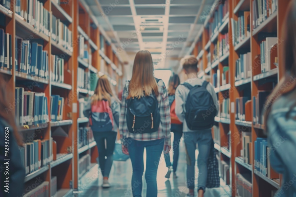A group of people walking through a library, possibly searching for books or attending a study session A group of people walking through a library, possibly searching for books or attending a study session