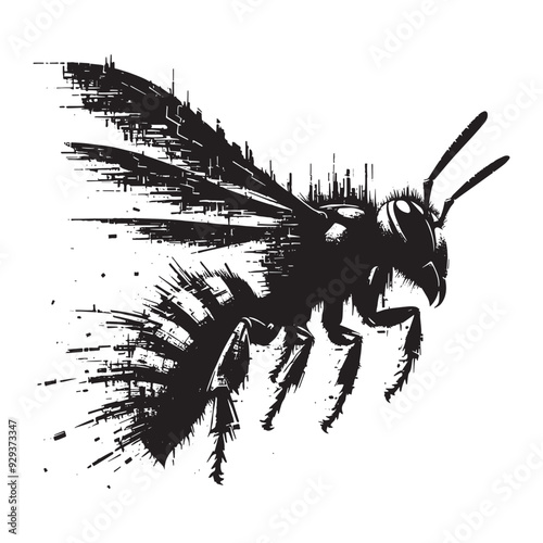 silhouette of hornet flying, filled with destroyed futuristic dystopia environment in rough drawing, animal,