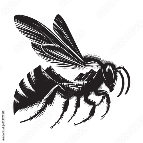 silhouette of hornet flying, filled with mountain and nature view in rough drawing, animal,