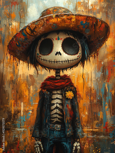 A skeleton wearing a sombrero and a yellow flower, Day of the Dead. Halloween
