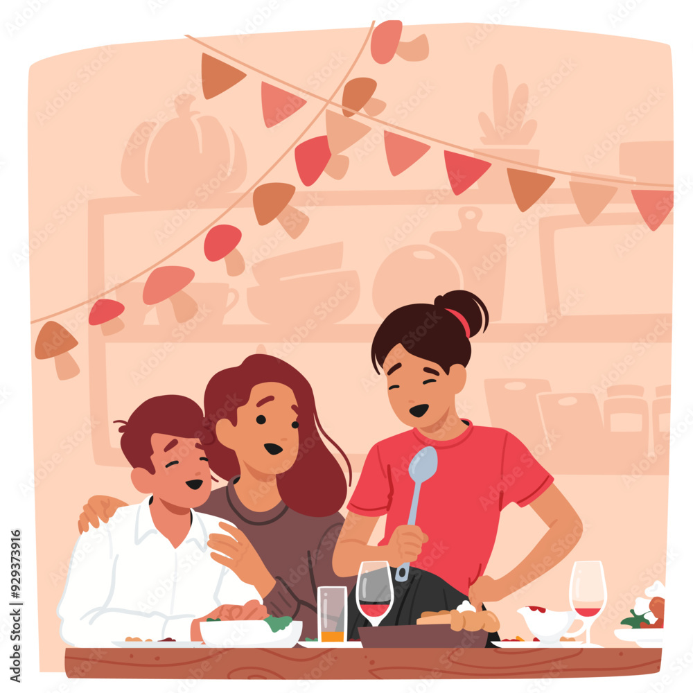 Happy Family Characters Enjoying Thanksgiving Dinner Together. The Image Shows Mother With Children Sharing Food Happy Family Characters Enjoying Thanksgiving Dinner Together. The Image Shows Mother With Children Sharing Food
