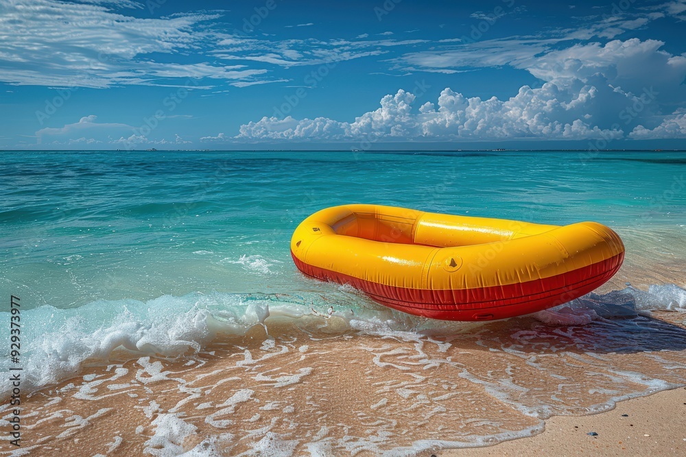 A bright yellow and red inflatable raft lies on a sandy beach with foamy waves gently lapping against it. A bright yellow and red inflatable raft lies on a sandy beach with foamy waves gently lapping against it.