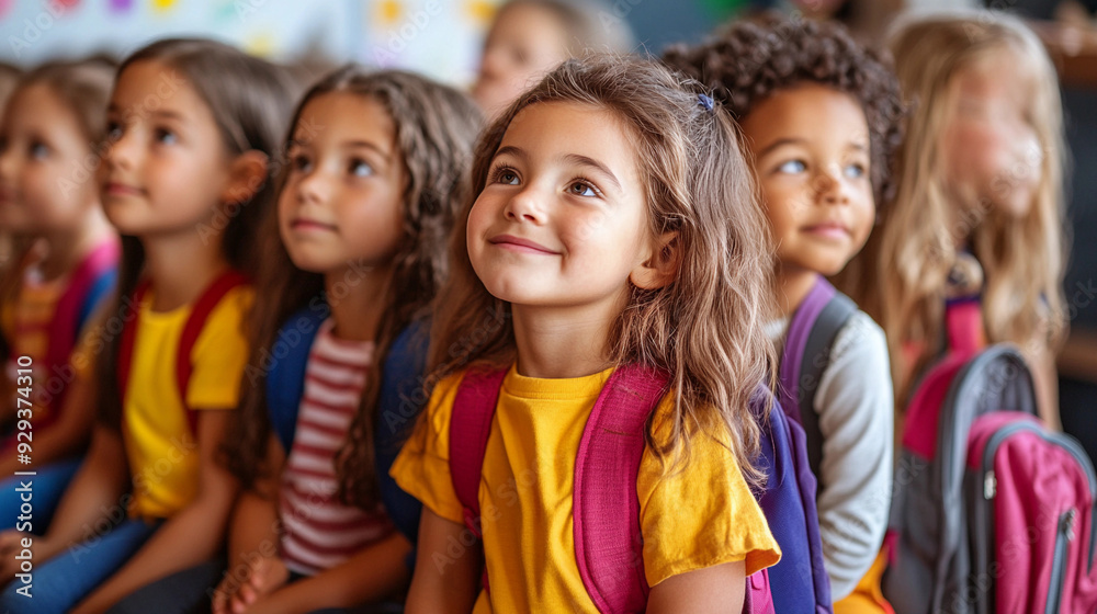 Young students sit attentively, displaying enthusiasm and engagement during a classroom lesson with colorful backpacks Young students sit attentively, displaying enthusiasm and engagement during a classroom lesson with colorful backpacks