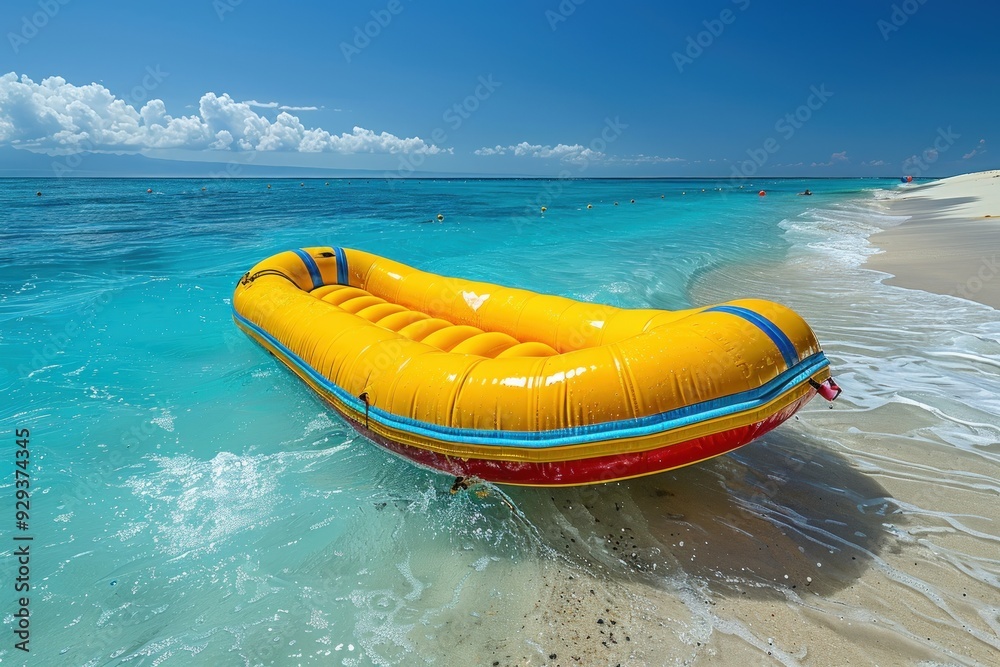 A bright yellow and red inflatable raft lies on a sandy beach with foamy waves gently lapping against it. A bright yellow and red inflatable raft lies on a sandy beach with foamy waves gently lapping against it.