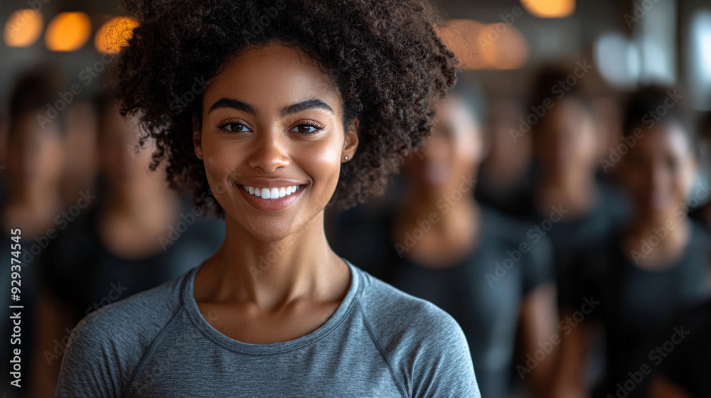 A young woman stands in front of a group, smiling warmly, as they participate in a fitness class, creating an atmosphere of motivation and camaraderie A young woman stands in front of a group, smiling warmly, as they participate in a fitness class, creating an atmosphere of motivation and camaraderie