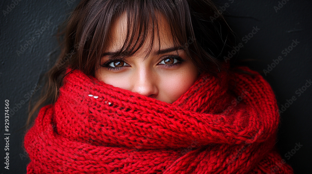 A young woman warmly wrapped in a red scarf gazes thoughtfully, her brown eyes reflecting a sense of warmth and comfort in the cool setting A young woman warmly wrapped in a red scarf gazes thoughtfully, her brown eyes reflecting a sense of warmth and comfort in the cool setting