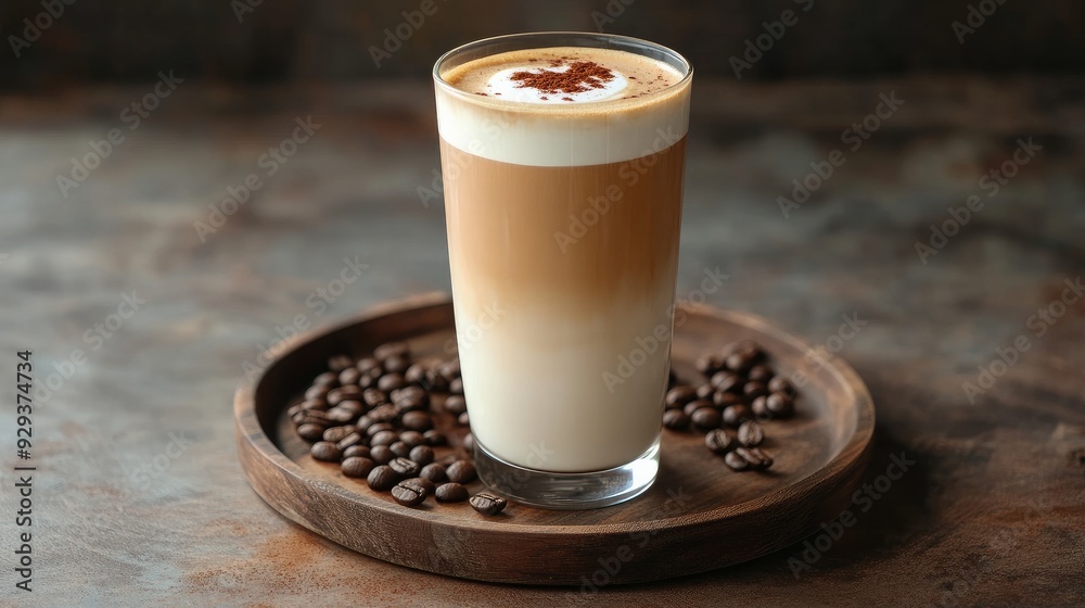 Coffee beans and a tall glass of latte coffee layered on a wooden plate Coffee beans and a tall glass of latte coffee layered on a wooden plate