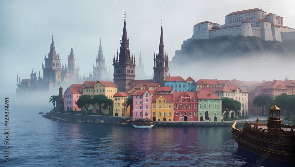 Obraz premium Magical Port City with Generative AI