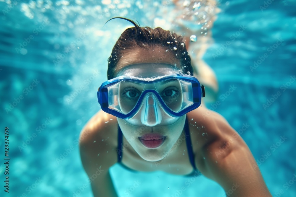 Fototapeta premium Close up woman swimmer portrait wearing goggles swims underwater in pool