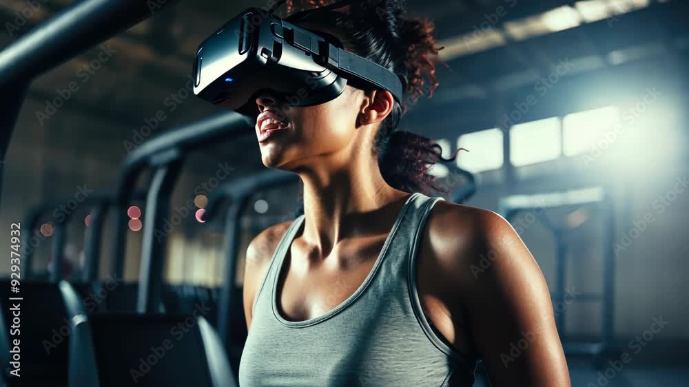 Engaging in an innovative workout, an individual immerses herself in virtual reality technology while exercising in a bustling gym atmosphere