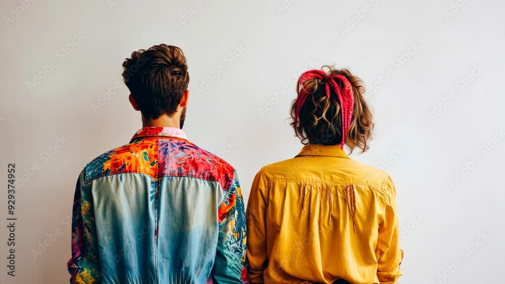 Captivating individuals express their creativity through vibrant outfits and hairstyles, standing back-to-back in a serene atmosphere Captivating individuals express their creativity through vibrant outfits and hairstyles, standing back-to-back in a serene atmosphere