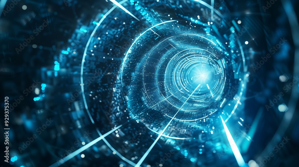Obraz premium A shiny blue energy digital tunnel with a plexus made of interconnected lines