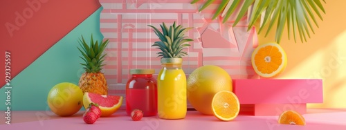 Tropical fruit juice bottles with vibrant background