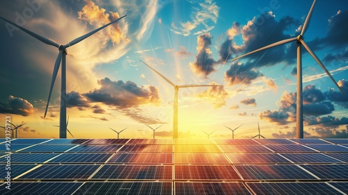 A landscape of solar panels and wind turbines set against a dynamic sunset sky