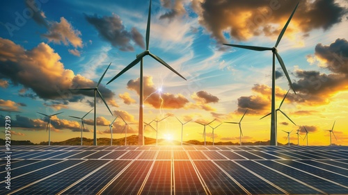 A field of solar panels and wind turbines is illuminated by a dramatic sunset