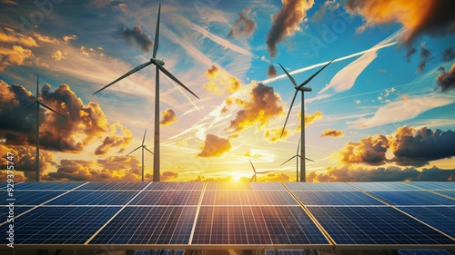 A field of solar panels and wind turbines is illuminated by a dramatic sunset
