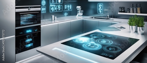 Modern Kitchen with Smart Stovetop and Futuristic Interface