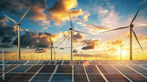 Solar panels and wind turbines stand together under a breathtaking sunset