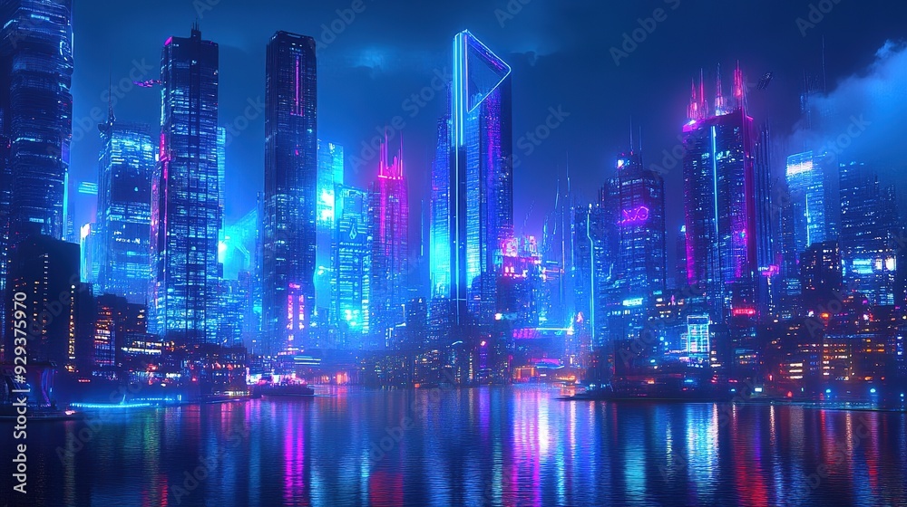 Fototapeta premium A futuristic cityscape with glowing blue and purple towers, their neon lights reflecting across the water, evoking a cyberpunk fantasy world