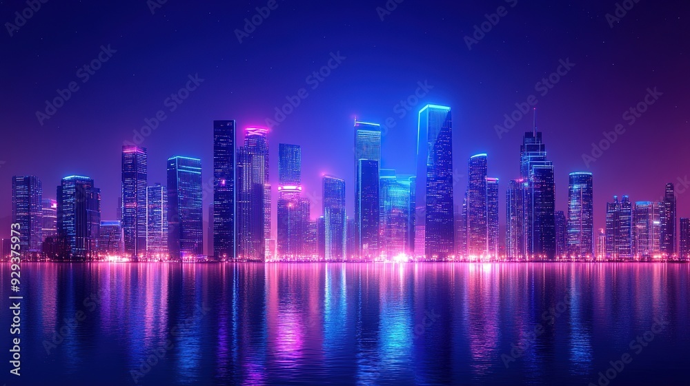 A futuristic cityscape with glowing blue and purple towers, their neon lights reflecting across the water, evoking a cyberpunk fantasy world A futuristic cityscape with glowing blue and purple towers, their neon lights reflecting across the water, evoking a cyberpunk fantasy world