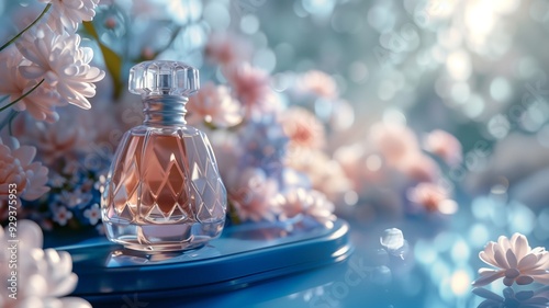 A stylish perfume bottle sits elegantly on a blue pedestal surrounded by soft pink and white flowers