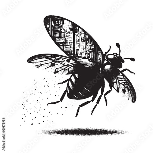 silhouette of Ladybug flying, filled with ghetto street in rough drawing, animal,