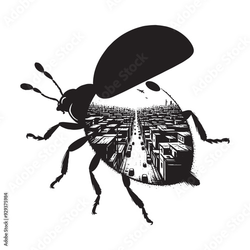 silhouette of Ladybug flying, filled with ghetto street in rough drawing, animal,