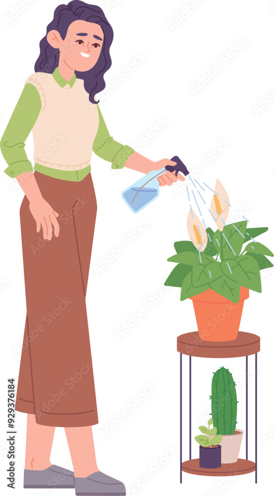 Woman spray water on houseplant. Urban jungle care Woman spray water on houseplant. Urban jungle care