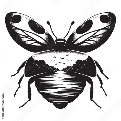 silhouette of Ladybug flying, filled with river view in rough drawing, animal,